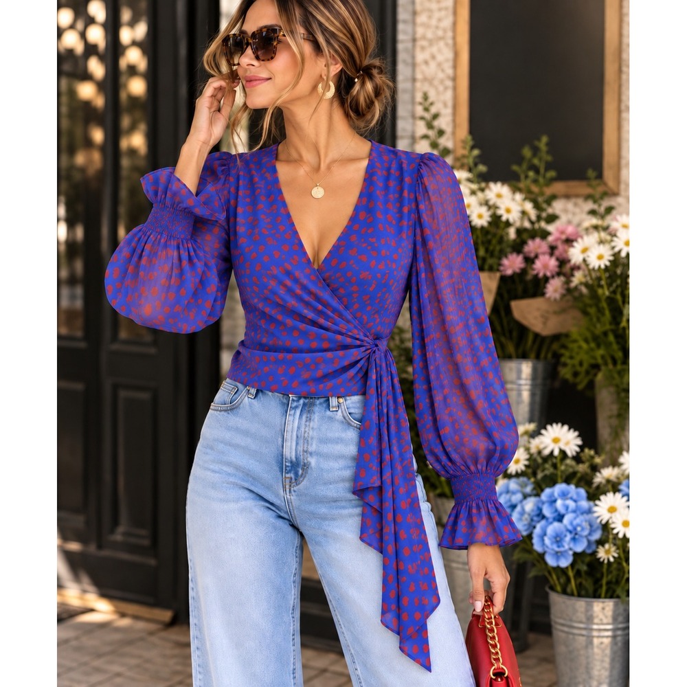 Self-Portrait Cobalt Blue & Red Draped Wrap Top | US 2